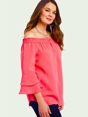 1.4.3. Story by Line Up Coral Off-Shoulder Ruffled Tiered Sleeve Blouse M